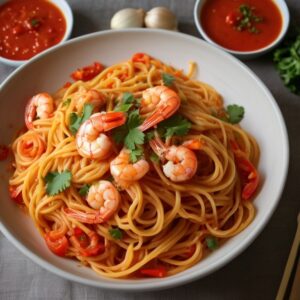 Pasta en leche de coco y camarones