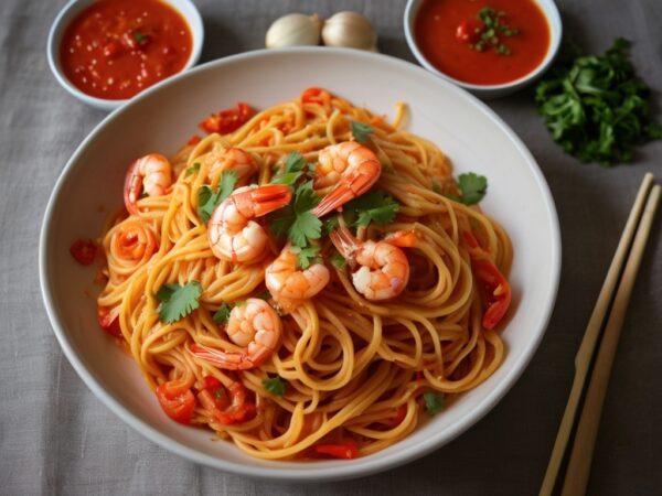 Pasta en leche de coco y camarones